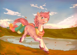 Size: 4716x3336 | Tagged: artist needed, safe, oc, oc only, oc:pitch kritter pine, earth pony, blaze (coat marking), blushing, clothes, coat markings, countershading, cute, earth pony oc, facial markings, happy, male, outdoors, running, scarf, socks (coat markings), solo, stallion, striped scarf, unshorn fetlocks