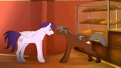 Size: 1920x1080 | Tagged: safe, artist:icy_passio, soarin', oc, oc:shoop, bat pony, pegasus, animated, bakery, gay, gif, kiss on the lips, kissing, loop, love, male