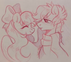 Size: 1214x1063 | Tagged: safe, artist:just_mary, oc, oc:bay breeze, oc:pitch kritter pine, pony, bow, clothes, couple, eyes closed, female, hair bow, male, monochrome, oc x oc, photo, pinebreeze, scarf, shipping, sketch, straight, traditional art, wings