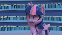 Size: 1920x1080 | Tagged: safe, edit, edited screencap, screencap, twilight sparkle, alicorn, pony, g4, g4.5, my little pony: stop motion short, pinkie pie wants to play, cute, library, smiling, solo, twilight sparkle (alicorn), twilight's castle, twilight's castle library