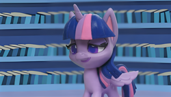 Size: 1920x1080 | Tagged: safe, edit, edited screencap, screencap, twilight sparkle, alicorn, pony, g4, g4.5, my little pony: stop motion short, pinkie pie wants to play, cute, library, smiling, solo, twilight sparkle (alicorn), twilight's castle, twilight's castle library