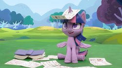 Size: 1920x1080 | Tagged: safe, edit, edited screencap, screencap, twilight sparkle, alicorn, pony, g4, g4.5, my little pony: stop motion short, rainy day puddle play, book, cute, horn, horn impalement, sitting, smiling, solo, twilight sparkle (alicorn)