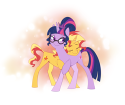 Size: 3000x2525 | Tagged: safe, artist:shanyata, sci-twi, sunset shimmer, twilight sparkle, pony, unicorn, g4, cute, duo, duo female, eyes closed, female, high res, horn, lesbian, looking back, mare, nuzzling, ship:sci-twishimmer, ship:sunsetsparkle, shipping, simple background, smiling, unicorn sci-twi, white background