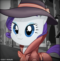 Size: 1980x1986 | Tagged: safe, artist:codenamekid, blueberry curls, colton john, levon song, rarity, earth pony, pony, unicorn, g4, rarity takes manehattan, :3, background pony, belt, belt buckle, clothes, cropped, detective, detective rarity, digital art, eyelashes, eyeshadow, female, grayscale, hat, highlights, horn, looking at you, makeup, male, manehattan, mare, monochrome, morning, ribbon, screencap background, shading, smiling, smiling at you, stallion, sunglasses, trenchcoat