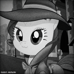 Size: 1980x1986 | Tagged: safe, alternate version, artist:codenamekid, blueberry curls, colton john, levon song, rarity, earth pony, pony, unicorn, g4, rarity takes manehattan, :3, background pony, belt, belt buckle, black and white, clothes, cropped, detective, detective rarity, digital art, eyelashes, eyeshadow, female, grayscale, hat, highlights, horn, looking at you, makeup, male, manehattan, mare, monochrome, morning, noise, ribbon, screencap background, shading, smiling, smiling at you, solo focus, stallion, sunglasses, trenchcoat, vignette