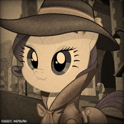 Size: 1980x1986 | Tagged: safe, alternate version, artist:codenamekid, blueberry curls, colton john, levon song, rarity, earth pony, pony, unicorn, g4, rarity takes manehattan, :3, background pony, belt, belt buckle, clothes, cropped, detective, detective rarity, digital art, eyelashes, eyeshadow, female, hat, highlights, horn, looking at you, makeup, male, manehattan, mare, monochrome, morning, noise, ribbon, screencap background, sepia, shading, smiling, smiling at you, solo focus, stallion, sunglasses, trenchcoat, vignette