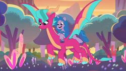 Size: 1920x1080 | Tagged: safe, screencap, blaize skysong, izzy moonbow, dragon, pony, unicorn, g5, my little pony: tell your tale, the blockywockys, spoiler:g5, spoiler:my little pony: tell your tale, spoiler:tyts02e00, dragoness, duo, female, horn, mare, the isle of scaly (location), tree