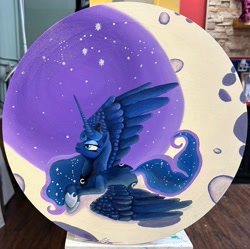 Size: 2848x2839 | Tagged: safe, artist:novadoesarts, princess luna, alicorn, pony, g4, female, irl, mare, moon, oil painting, original art, photo, solo, spread wings, traditional art, wings