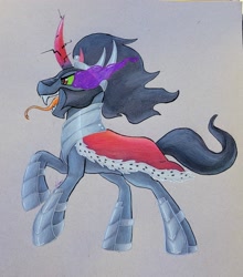 Size: 1816x2064 | Tagged: safe, artist:novadoesarts, king sombra, pony, unicorn, g4, armor, clothes, concave belly, curved horn, horn, male, open mouth, prismacolors, solo, stallion, tongue out, traditional art