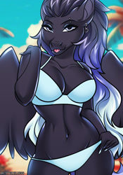 Size: 1606x2294 | Tagged: safe, artist:butterfliess, oc, oc only, pegasus, anthro, bedroom eyes, belly button, bikini, breasts, clothes, commission, digital art, female, looking at you, pegasus oc, solo, solo female, swimsuit, tail, thighs, wide hips, wings, ych result