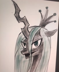 Size: 1982x2421 | Tagged: safe, artist:37240622, queen chrysalis, changeling, changeling queen, bust, horn, open mouth, solo
