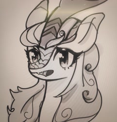 Size: 2625x2719 | Tagged: safe, artist:37240622, autumn blaze, kirin, pony, g4, bust, female, mare, monochrome, open mouth, photo, picture of a screen, sketch, solo