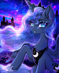Size: 576x720 | Tagged: safe, artist:natures_love, princess luna, alicorn, pony, g4, blue eyes, crown, female, hoof shoes, jewelry, mare, night, peytral, princess shoes, raised hoof, regalia, solo, teeth