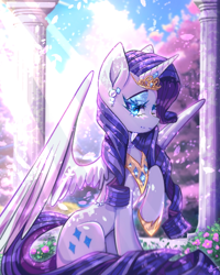 Size: 576x720 | Tagged: safe, artist:natures_love, rarity, alicorn, pony, alicornified, female, mare, outdoors, race swap, raised hoof, raricorn, solo, wings