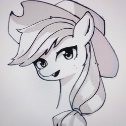 Size: 2241x2241 | Tagged: safe, artist:37240622, applejack, earth pony, pony, g4, applejack's hat, bust, cowboy hat, female, hat, mare, open mouth, photo, picture of a screen, portrait, sketch, solo