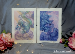 Size: 3777x2738 | Tagged: safe, artist:jsunlight, princess celestia, princess luna, alicorn, pony, g4, craft, duo, duo female, female, painting, photo, traditional art, watercolor painting