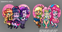 Size: 1728x900 | Tagged: safe, artist:marybellamy, applejack, pinkie pie, sci-twi, starlight glimmer, sunset shimmer, twilight sparkle, human, anthro, equestria girls, g4, chibi, heart, humanized, sparkles, zorilita