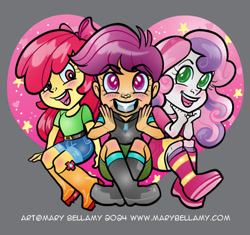 Size: 600x564 | Tagged: safe, artist:marybellamy, apple bloom, scootaloo, sweetie belle, human, equestria girls, g4, chibi, cutie mark crusaders, female, heart, sparkles, trio, trio female, zorilita