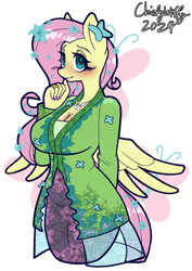 Size: 744x1052 | Tagged: safe, artist:chiefywiffy, fluttershy, pegasus, anthro, g4, breasts, busty fluttershy, clothes, cute, dress, female, kebaya, mare, shyabetes, simple background, solo, white background, wings