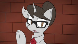 Size: 622x350 | Tagged: artist needed, source needed, safe, raven, pony, unicorn, g4, cute, female, glasses, hair bun, horn, looking at someone, mare, necktie, raised hoof, ravenbetes, solo, wall