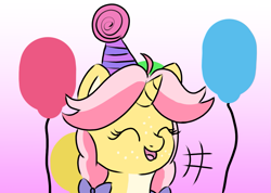 Size: 1259x898 | Tagged: safe, artist:craftycirclepony, oc, oc only, oc:crafty circles, unicorn, balloon, bust, cute, eyes closed, female, filly, foal, freckles, gradient background, happy, hat, horn, laughing, open mouth, party hat, solo