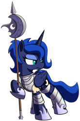 Size: 1270x1920 | Tagged: safe, artist:maretian, princess luna, alicorn, pony, g4, alternate hairstyle, armor, armored pony, female, folded wings, halberd, mare, polearm, ponerpics fantasy community collab 2024, ponytail, simple background, solo, transparent background, weapon, wings