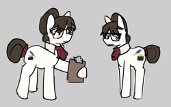 Size: 1926x1213 | Tagged: safe, artist:gorepup, raven, writing desk, earth pony, pony, unicorn, g4, clipboard, cute, duo, duo female, female, glasses, gray background, hair bun, horn, ravenbetes, sad, simple background, tired