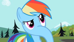 Size: 1280x720 | Tagged: editor needed, safe, edit, edited screencap, screencap, rainbow dash, pegasus, pony, g4, eyebrows, folded wings, looking up, mountain, raised eyebrow, solo, standing, tree, wings
