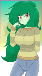 Size: 1895x3399 | Tagged: safe, artist:batipin, wallflower blush, equestria girls, g4, breasts, busty wallflower blush, clothes, cute, female, flowerbetes, freckles, solo, striped sweater, sweater