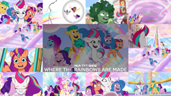 Size: 1191x671 | Tagged: safe, editor:quoterific, dapple, hitch trailblazer, izzy moonbow, misty brightdawn, pipp petals, sparky sparkeroni, sunny starscout, zipp storm, g5, my little pony: tell your tale, where the rainbows are made