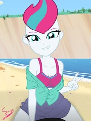 Size: 2703x3600 | Tagged: safe, artist:sapphirers, zipp storm, oc, oc:ramixe dash, equestria girls, g4, g5, base used, beach, female, looking at you, male, male pov, offscreen character, offscreen male, pov, screencap background, ship:ramixestorm, signature, smiling, smiling at you, straight