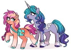 Size: 2452x1768 | Tagged: safe, artist:emera33, izzy moonbow, sunny starscout, earth pony, pony, unicorn, g5, duo, female, horn, lesbian, looking at each other, looking at someone, ship:moonscout, shipping, simple background, smiling, white background