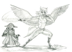 Size: 1400x1020 | Tagged: safe, artist:baron engel, derpy hooves, pegasus, anthro, unguligrade anthro, g4, boots, clothes, duo, lightsaber, pencil drawing, shoes, simple background, spread wings, star wars, tank top, traditional art, weapon, white background, wings, yoda