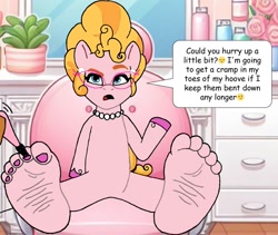 Size: 1629x1377 | Tagged: safe, phyllis cloverleaf, earth pony, pony, g5, detailed background, dialogue, feet, female, fetish, foot fetish, glasses, pedicure, solo, solo female, text