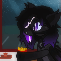 Size: 512x512 | Tagged: safe, artist:sp3ctrum-ii, oc, oc only, oc:moonlit howl, bat pony, pony, undead, vampire, vampony, wolf, wolf pony, animated, commission, eating, food, french fries, gif, mcdonald's, solo