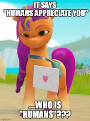 Size: 500x676 | Tagged: safe, edit, sunny starscout, earth pony, pony, g5, my little pony: a zephyr heights mystery, spoiler:g5, 3d, braid, caption, confused, confusion, heart, image macro, imgflip, implied human, implied humans, letter, looking down, mane stripe sunny, meme, multicolored hair, rainbow hair, text, thinking, video game