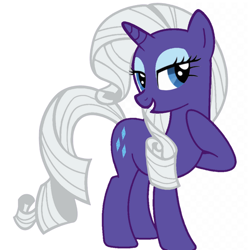 Size: 640x640 | Tagged: safe, artist:mayako_swan2308, edit, rarity, pony, unicorn, g4, eyeshadow, female, hoof on neck, horn, lidded eyes, makeup, palette swap, purple fur, recolor, reverse colors, simple background, smiling, solo, white background, white hair
