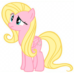 Size: 640x640 | Tagged: safe, artist:mayako_swan2308, edit, fluttershy, pegasus, pony, g4, female, folded wings, mare, palette swap, pink fur, recolor, reverse colors, simple background, solo, white background, wings, yellow hair