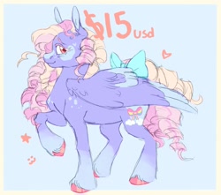 Size: 1700x1500 | Tagged: safe, artist:abbytabbys, oc, oc only, pegasus, pony, adoptable, blue background, blushing, body freckles, border, bow, coat markings, colored eyebrows, colored eyelashes, colored hooves, colored pinnae, colored wings, colored wingtips, curly mane, curly tail, facial markings, folded wings, freckles, heart, heart mark, large wings, lidded eyes, long mane, long tail, looking back, pegasus oc, pink eyelashes, pink eyes, pink hooves, pink mane, pink text, profile, purple coat, raised hoof, ringlets, shiny hooves, simple background, snip (coat marking), socks (coat markings), solo, splotches, standing, tail, tail bow, tall ears, text, two toned wings, unshorn fetlocks, wings