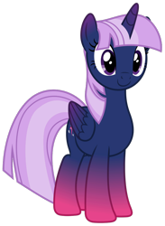 Size: 640x872 | Tagged: safe, artist:capricornus_shade, edit, twilight sparkle, alicorn, pony, g4, coat markings, colored wings, female, gradient ears, gradient horn, gradient legs, gradient wings, horn, palette swap, recolor, reverse colors, simple background, smiling, solo, transparent background, twilight sparkle (alicorn), wings