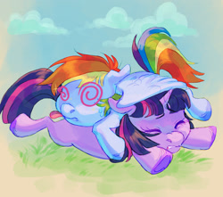 Size: 1700x1500 | Tagged: safe, artist:abbytabbys, rainbow dash, twilight sparkle, pegasus, pony, unicorn, g4, :p, alternate universe, bangs, blue coat, colored hooves, crash landing, cute, dashabetes, dizzy, duo, duo female, eyelashes, eyes closed, female, filly, filly rainbow dash, filly twilight sparkle, floppy ears, foal, frown, grass, horn, lying down, multicolored hair, multicolored mane, multicolored tail, outdoors, partially open wings, pink eyes, prone, purple coat, rainbow hair, rainbow tail, shiny mane, shiny tail, sploot, straight mane, straight tail, swirly eyes, tail, tongue out, twiabetes, unicorn horn, unicorn twilight, unshorn fetlocks, wings, younger