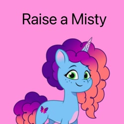 Size: 640x640 | Tagged: safe, artist:alyssalynn112, misty brightdawn, pony, unicorn, g5, my little pony: tell your tale, coat markings, female, freckles, horn, looking at you, pink background, raise a floppa, rebirth misty, roblox, simple background, smiling, solo