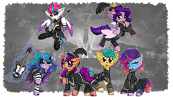 Size: 7680x4320 | Tagged: safe, artist:jubyskylines, hitch trailblazer, izzy moonbow, misty brightdawn, pipp petals, sunny starscout, zipp storm, g5, guitar, musical instrument, my chemical romance, rebirth misty, the black parade