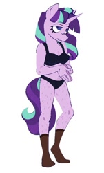 Size: 541x898 | Tagged: safe, artist:partyponypower, starlight glimmer, pony, unicorn, anthro, plantigrade anthro, g4, ankle socks, bra, clothes, eyelashes, female, hands together, horn, leg hair, lidded eyes, long mane, long tail, mare, no catchlights, nose wrinkle, panties, pink coat, purple eyes, s5 starlight, simple background, smiling, solo, standing, tail, two toned mane, two toned tail, underwear, unicorn horn, wavy mane, wavy tail, white background