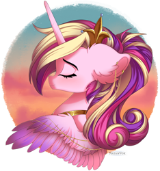 Size: 5615x6000 | Tagged: safe, artist:natanvok, princess cadance, alicorn, pony, g4, absurd resolution, alternate hairstyle, crown, ear piercing, earring, eyes closed, female, jewelry, mare, peytral, piercing, regalia, solo