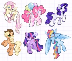 Size: 2048x1737 | Tagged: safe, artist:toycasino, applejack, fluttershy, pinkie pie, rainbow dash, rarity, twilight sparkle, earth pony, pegasus, pony, unicorn, g4, ><, alternate design, alternate hairstyle, alternate mane color, alternate tail color, alternate tailstyle, applejack's hat, bags under eyes, balloon, big eyes, blaze (coat marking), blonde mane, blonde tail, blue coat, blue eyes, blue hooves, blush scribble, blushing, bouncing, brown hooves, chest fluff, coat markings, colored, colored belly, colored ear fluff, colored eartips, colored hooves, colored wings, colored wingtips, cowboy hat, curly mane, curly tail, cute, dashabetes, diapinkes, ear fluff, ear tufts, eyelashes, eyes closed, eyeshadow, facial markings, fangs, floppy ears, flying, frown, glowing, glowing horn, gray coat, green eyes, group, hat, hooves, horn, impossibly long tail, in air, jackabetes, jewelry, large wings, leg fluff, lidded eyes, long mane, long tail, looking up, magic, makeup, mane six, mane six redesign, mealy mouth (coat marking), messy mane, messy tail, multicolored hair, multicolored hooves, multicolored mane, multicolored tail, narrowed eyes, necklace, open mouth, open smile, orange coat, pale belly, partially open wings, patterned background, pendant, pink coat, pink eyes, pink hooves, pink mane, pink tail, ponytail, profile, purple blush, purple coat, purple eyes, purple hooves, purple mane, purple tail, rainbow hair, rainbow tail, raised hoof, raised hooves, raribetes, rarity is not amused, rearing, redesign, ringlets, sextet, shiny eyes, shyabetes, slender, smiling, socks (coat markings), splotches, spread wings, standing, straight mane, straight tail, tail, teal eyes, teeth, thin, tied mane, tied tail, twiabetes, two toned mane, two toned tail, two toned wings, unamused, unicorn horn, unicorn twilight, unshorn fetlocks, wall of tags, wingding eyes, wings, yellow coat