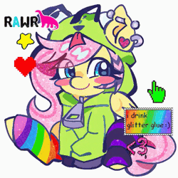 Size: 500x500 | Tagged: safe, artist:applepums, fluttershy, dinosaur, pegasus, pony, antonymph, cutiemarks (and the things that bind us), vylet pony, g4, animated, big ears, blue eyes, blush sticker, blushing, chibi, clothes, colored pinnae, cute, dyed mane, ear piercing, earring, eye clipping through hair, floating heart, fluttgirshy, folded wings, gif, gir, glitter, glitter gif, heart, heart earring, hoodie, industrial piercing, invader zim, jewelry, mismatched socks, mouse cursor, piercing, pink mane, pink tail, raccoon stripes, rainbow socks, raised leg, rawr, shiny mane, shiny tail, shyabetes, simple background, sitting, smiling, socks, solo, sparkly mane, sparkly tail, stamp, stars, striped socks, tail, teal eyes, white background, wingding eyes, wings, yellow coat