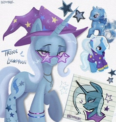 Size: 1820x1920 | Tagged: safe, artist:inzomniak, gameloft, trixie, pony, unicorn, g4, my little pony: magic princess, alternate hairstyle, babysitter trixie, clothes, doll, female, glasses, hat, hoodie, horn, jewelry, lidded eyes, lined paper, looking at you, mare, name, necklace, raised hoof, signature, simple background, smiling, smiling at you, solo, star glasses, stars, toy, trixie's hat, white background, white pupils, wristband
