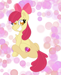 Size: 1951x2388 | Tagged: safe, artist:cinematic-fawn, apple bloom, earth pony, pony, g4, abstract background, bow, chest fluff, ear fluff, grin, sitting, smiling, solo