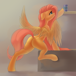 Size: 2000x2000 | Tagged: safe, artist:falses, fluttershy, pegasus, pony, semi-anthro, g4, adorasexy, beans, bedroom eyes, butt, can, collarbone, digital art, eyelashes, eyes open, female, flutterbutt, food, high res, legs, looking at something, mare, missing cutie mark, plot, reaching, sexy, shading, sketch, solo, spread legs, spread wings, spreading, tail, thighs, wings